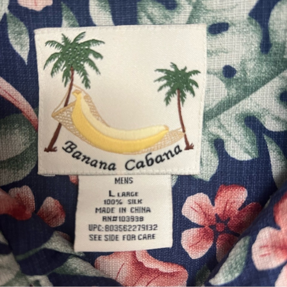 Banana Cabana Men's Sz L 100% Silk Tropical Hawaiian Shirt Navy and Pinky Peach - Picture 4 of 8